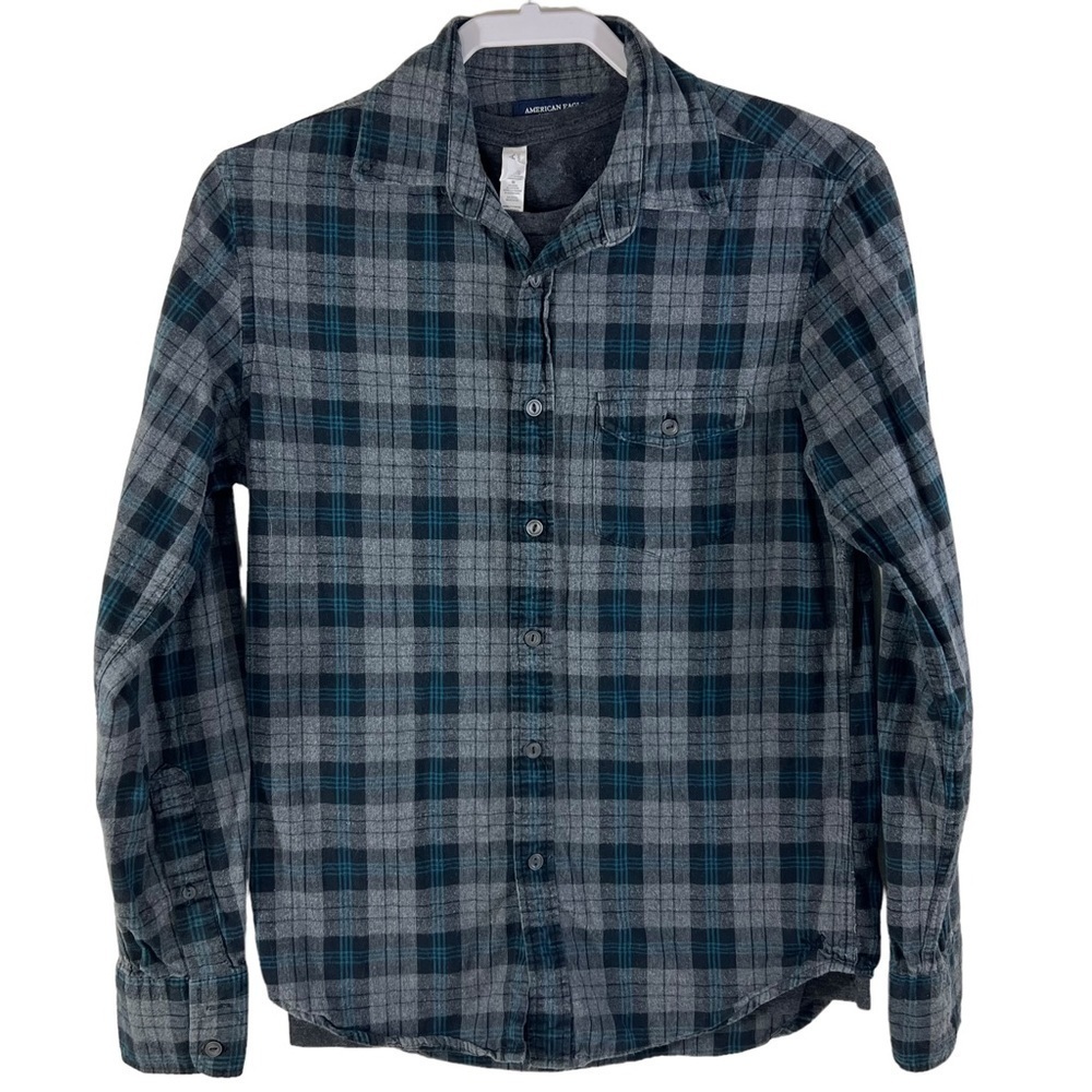 American Eagle Plaid Flannel Shirt Black Teal XS